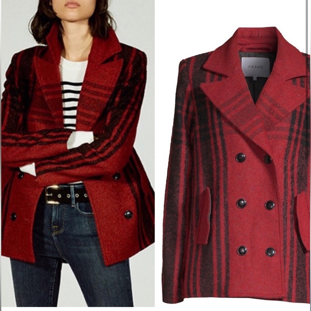 $675 Frame Denim Wool Red Black Buffalo Plaid Check Peacoat Jacket - 4